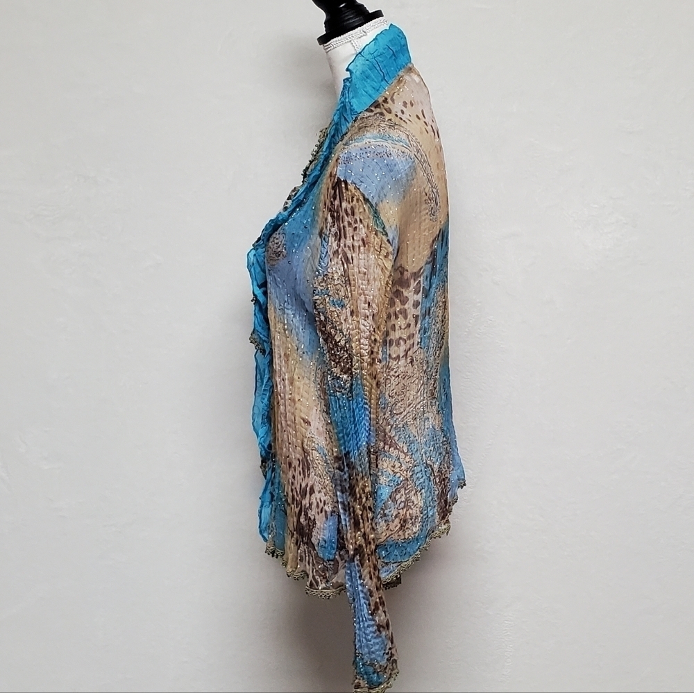 Vintage OOAK Alberto Makali Blue Leopard Print Gold Metallic Knit Abstract Top - Picture 10 of 14
